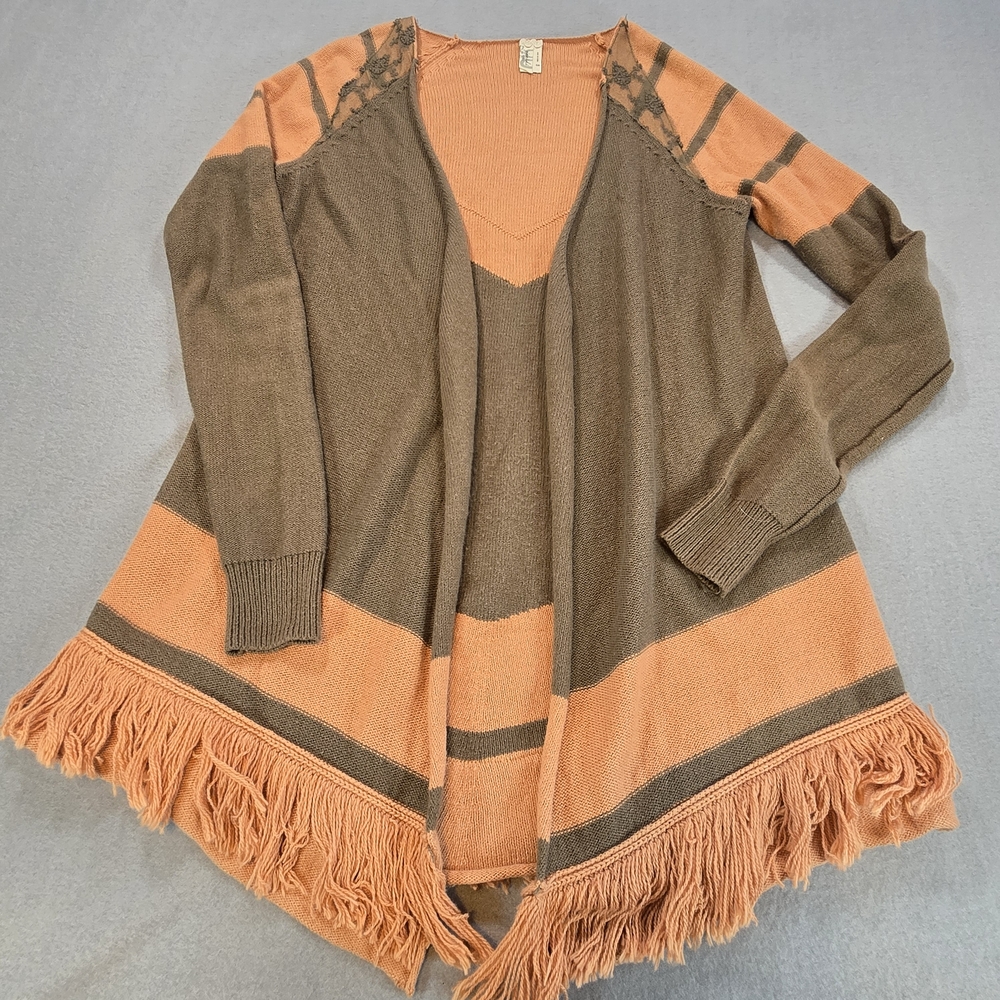 Gimmicks by BKE Cardigan Womens Small Brown Coral Fringe Lace Boho Open Front‎